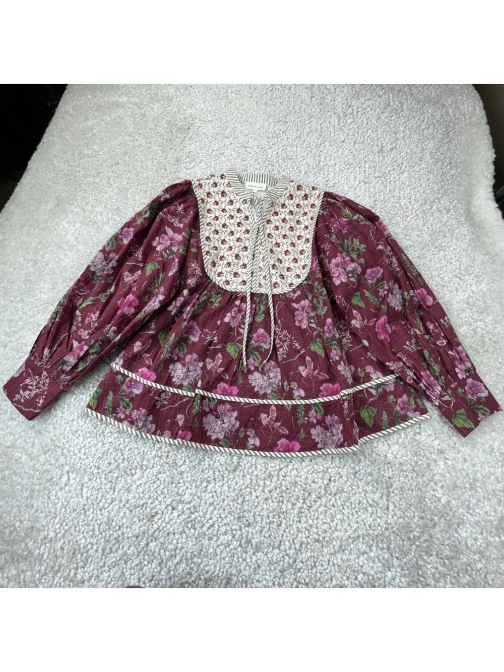 Entro Floral Burgundy Balloon Sleeve Blouse Womens Small